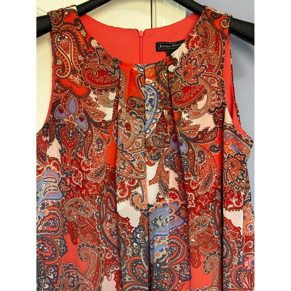 Coral Paisley Sleeveless Shift Dress Petite 14P Pleated Neck Career Office - Picture 7 of 7